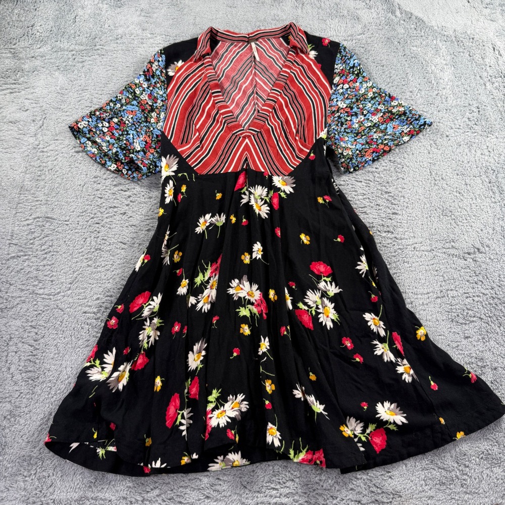Free People Mixed Print Mini Dress Womens 4 Black Floral Boho Short Sleeve